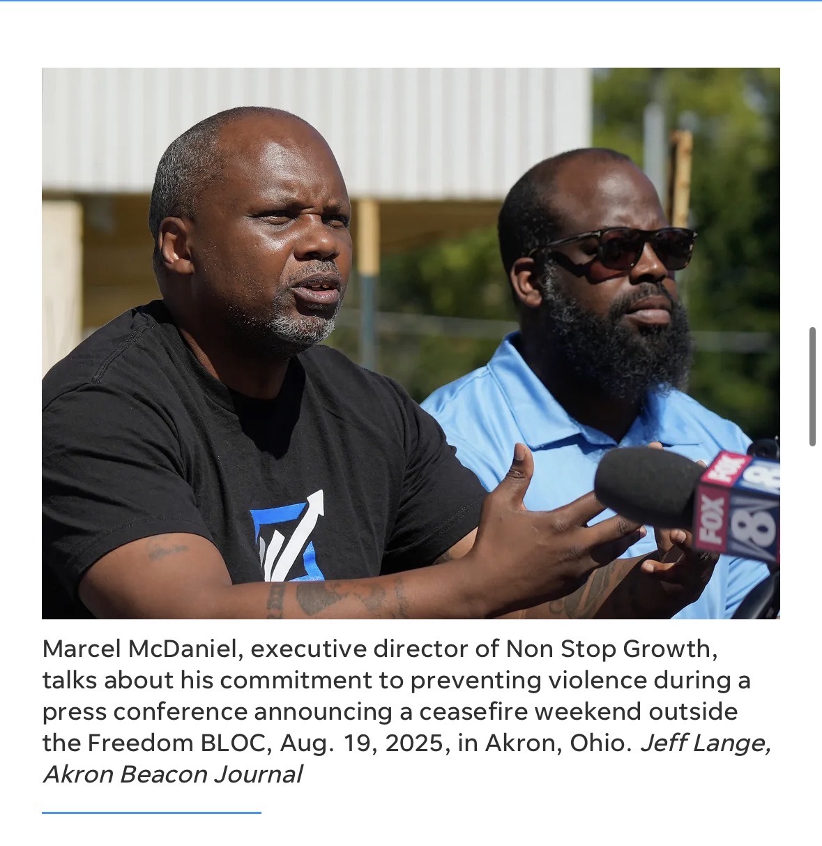 Marcel McDaniel speaking at a press conference announcing a ceasefire weekend in Akron, Ohio.